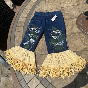 Girls size 4 custom sunflower painting jeans with fringe bottom